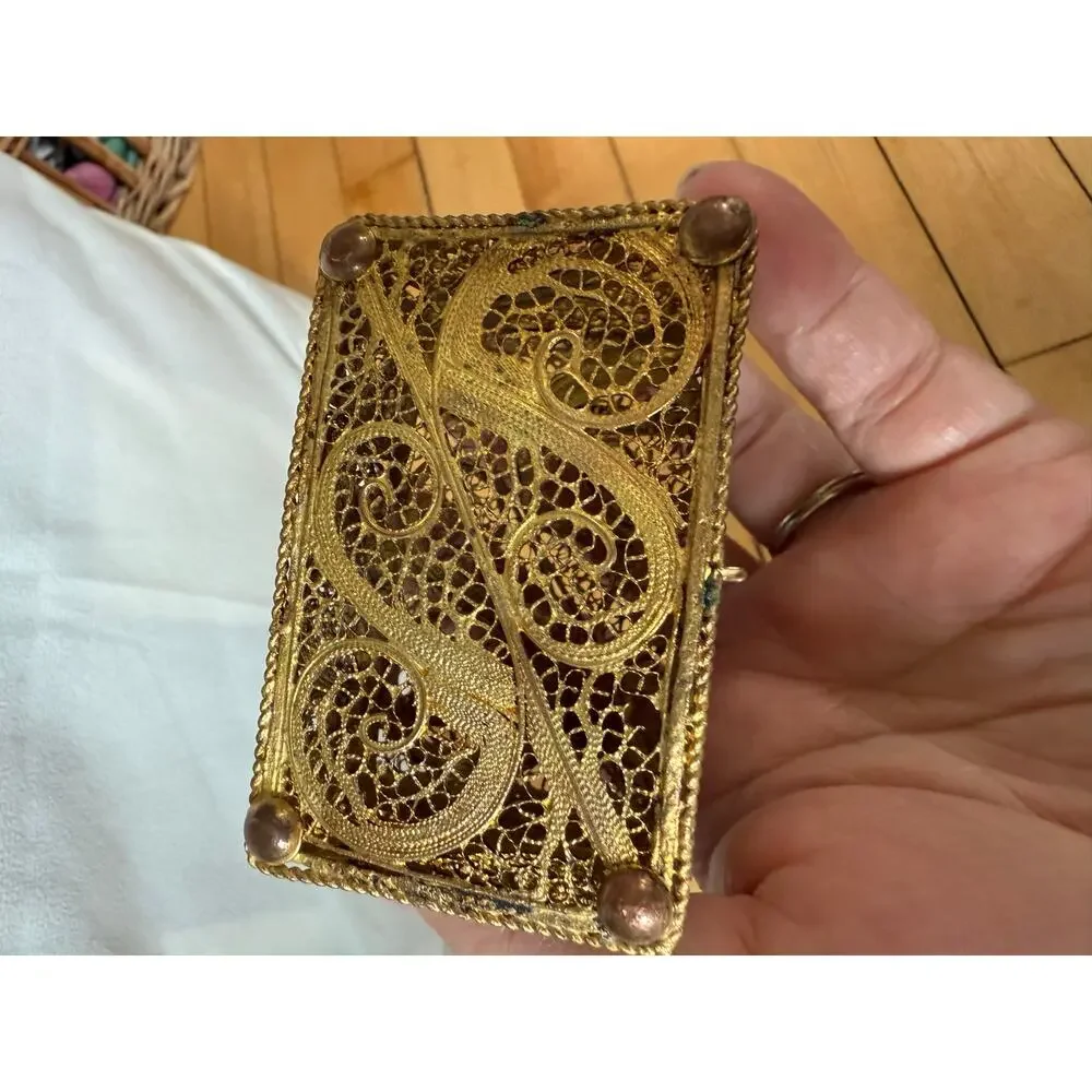 Vintage miniature‎ filigree gold tone chest trunk collectible jewelry box